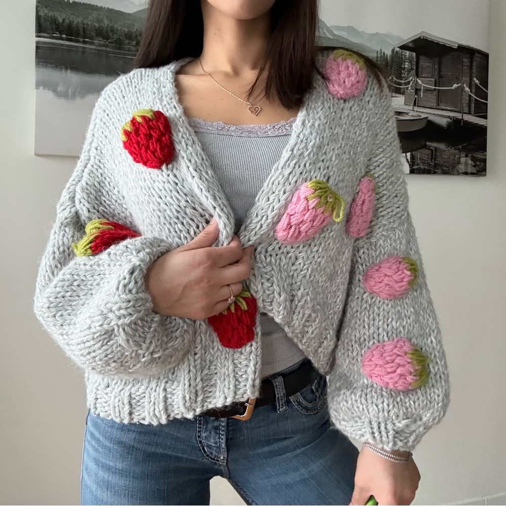 Handmade Knit Strawberry Cardigan Coquette Open Shawl Sweater Twee Y2K